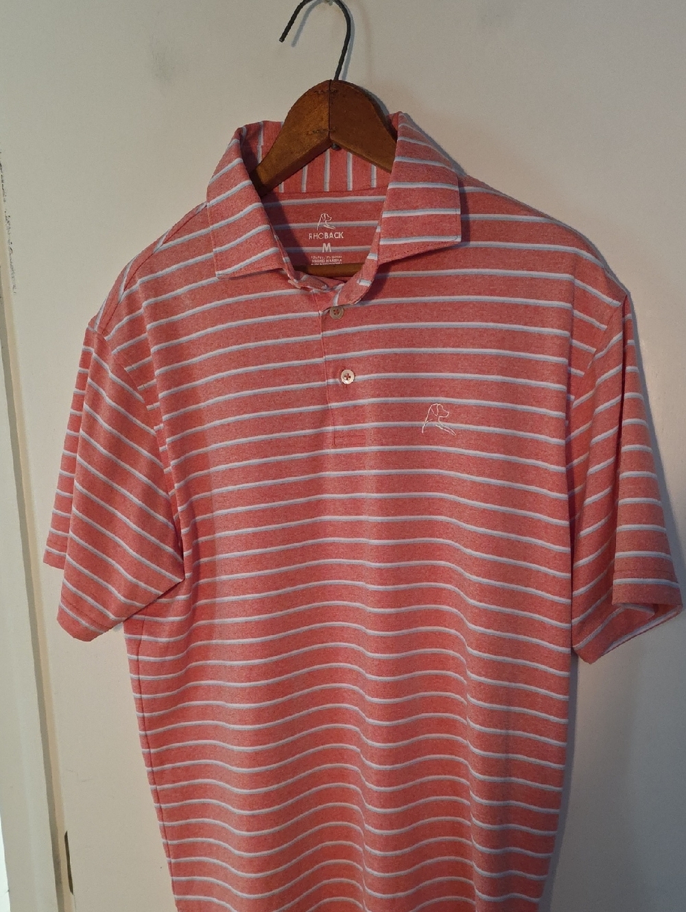Rhoback Men's Medium Coral & White Striped Polo Perfect Condition